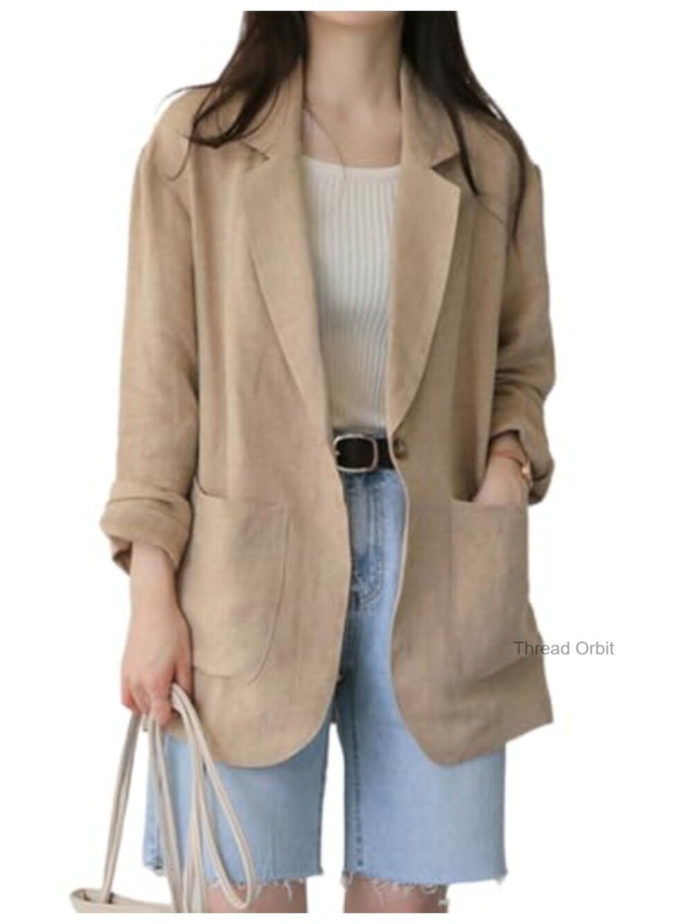 Linen Blend Blazer Lightweight Long Sleeve Notch Collar One Button Business